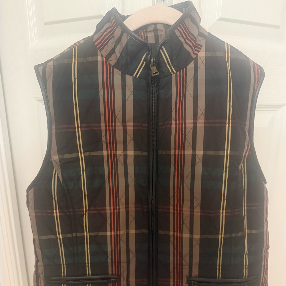 Talbots size small brown plaid leather trim vest